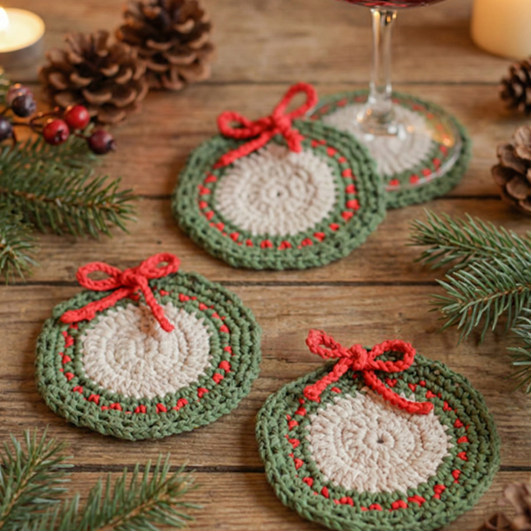 Handmade crochet holiday wreath coasters in red, green, and beige with decorative bow
