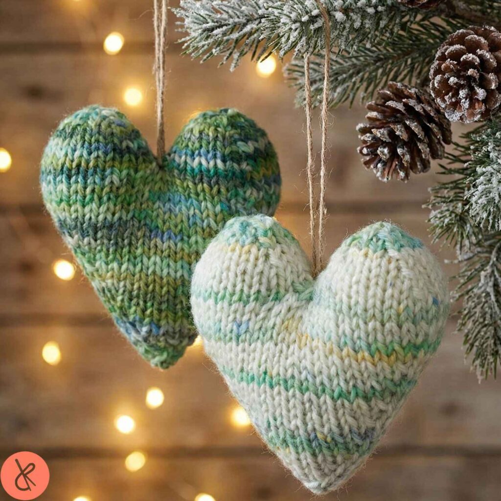 Knitted winter pine hearts Christmas ornaments in green DROPS Fiesta yarn