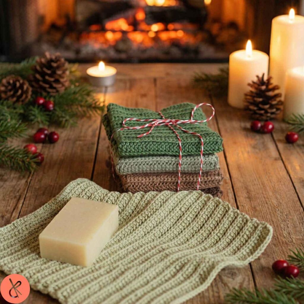 Winter forest washcloths in green and brown colors on wooden table