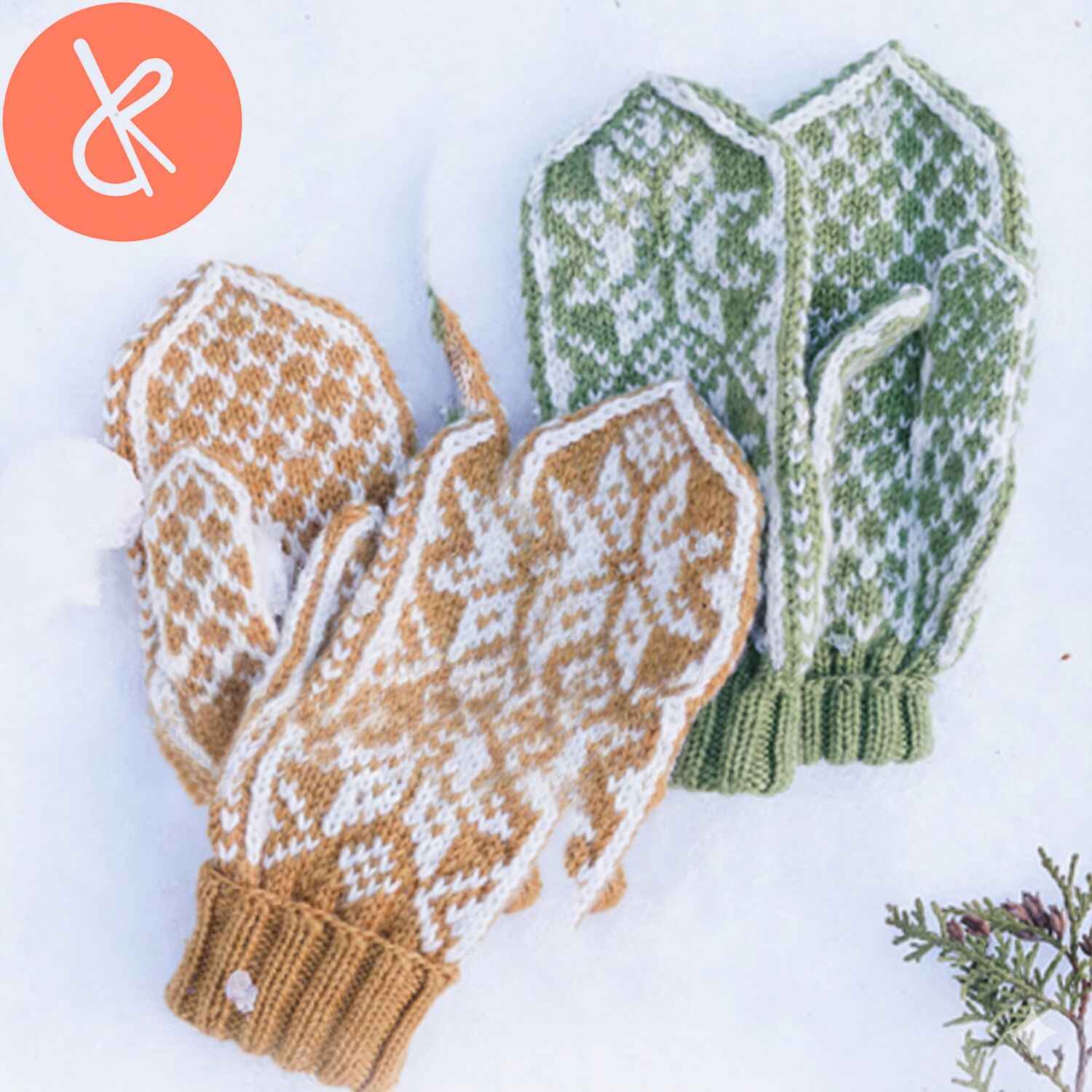 Red and white Christmas mittens with Nordic pattern knitted in Karisma yarn